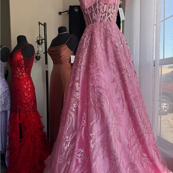 Pink Beaded Corset Dress with Bow Straps - Picture 6 of 7